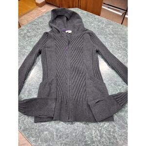 Akini Hooded Ribbed Knit Sweater Womens M Gray Long Sleeve Thumb Holes Stretchy